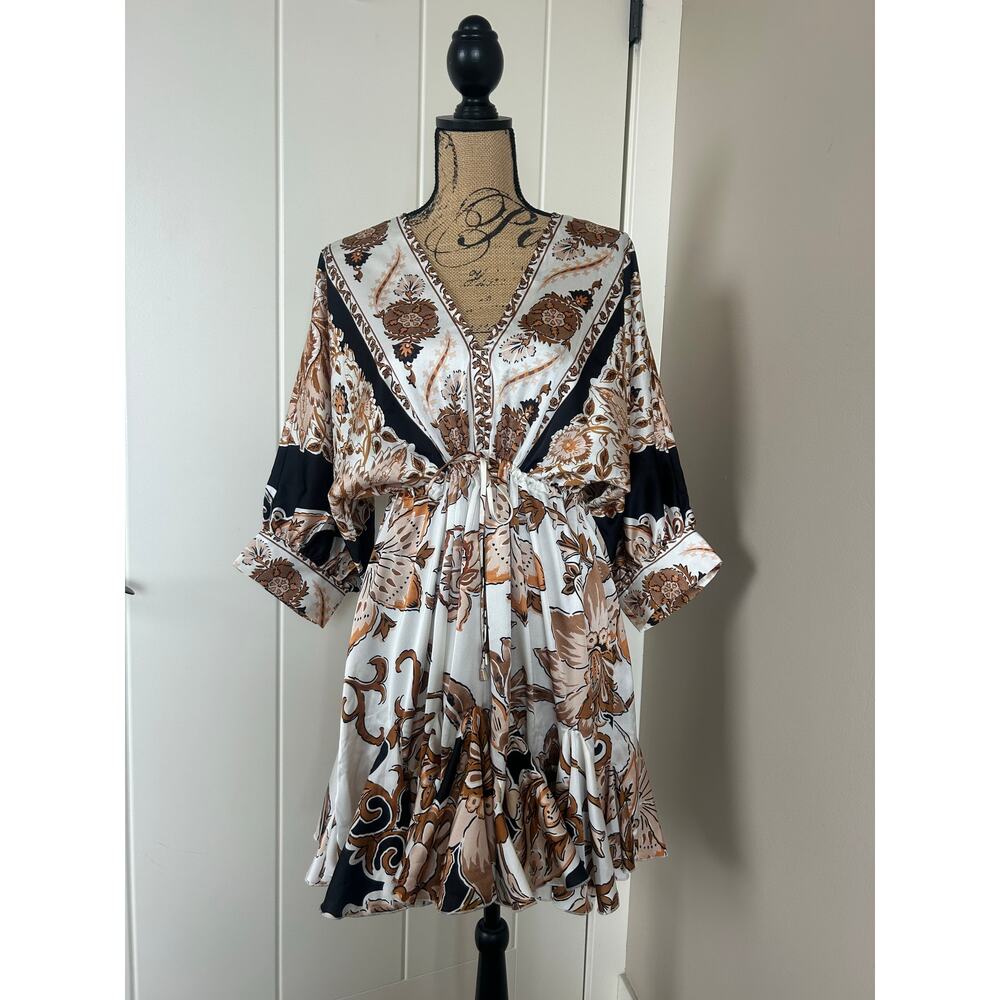 Aakaa Boho Dolman Sleeve Multi Boarder Cinch Waist Dress Size Small